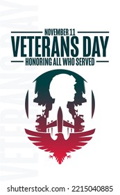 Happy Veterans Day. Honoring All Who Served. November 11. Holiday concept. Template for background, banner, card, poster with text inscription. Vector EPS10 illustration