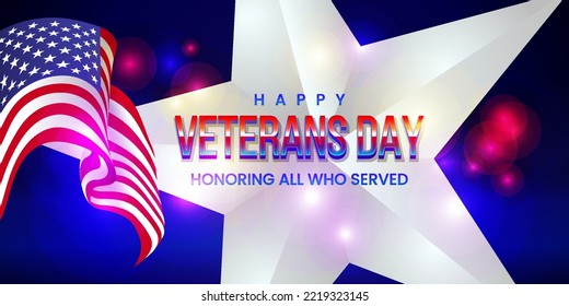 Happy veterans day, Honoring all who served banner illustration with star and united states of america flag