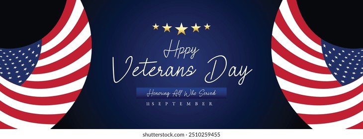 Happy Veterans Day Honoring All Who Served Banner Template. 11 November USA Veteran Day National Holiday Web Banner Background With American Flag For Brochure, Cover, Poster, Header, Greeting Card