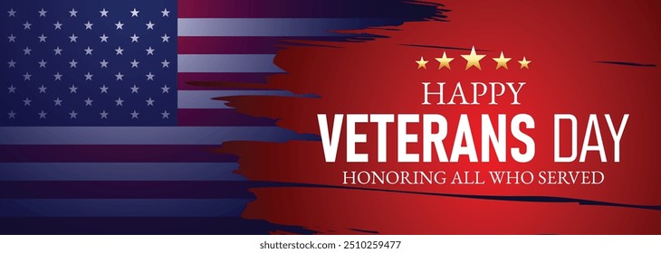 Feliz Dia Dos Veteranos De Guerra Homenageando Todos Que Serviram Modelo De Banner. 11 novembro Dia dos Veteranos EUA Feriado Nacional Banner Fundo com bandeira americana para folheto, capa, cartaz, cabeçalho, cartão de saudação