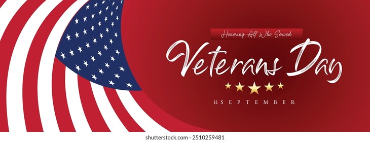 Happy Veterans Day Ehre alle, die Banner-Vorlage serviert. 11 November USA Veteran Day National Holiday Web Banner Hintergrund mit amerikanischer Flagge für Broschüre, Cover, Poster, Header, Grußkarte