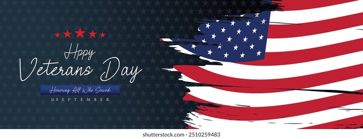 Happy Veterans Day Ehre alle, die Banner-Vorlage serviert. 11 November USA Veteran Day National Holiday Web Banner Hintergrund mit amerikanischer Flagge für Broschüre, Cover, Poster, Header, Grußkarte