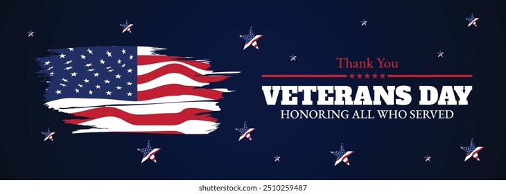 Happy Veterans Day Ehre alle, die Banner-Vorlage serviert. 11 November USA Veteran Day National Holiday Web Banner Hintergrund mit amerikanischer Flagge für Broschüre, Cover, Poster, Header, Grußkarte