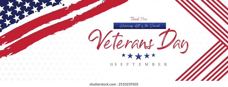 Happy Veterans Day Honoring All Who Served Banner Template. 11 November USA Veteran Day National Holiday Web Banner Background With American Flag For Brochure, Cover, Poster, Header, Greeting Card
