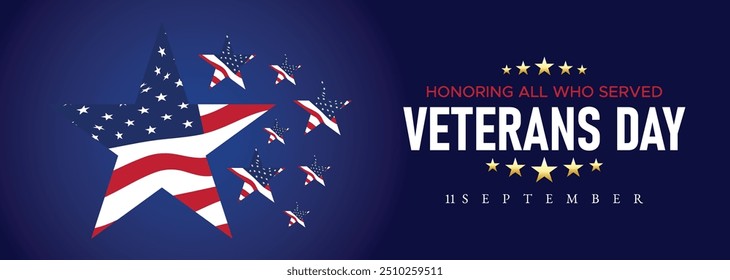 Happy Veterans Day Honoring All Who Served Banner Template. 11 November USA Veteran Day National Holiday Web Banner Background With American Flag For Brochure, Cover, Poster, Header, Greeting Card
