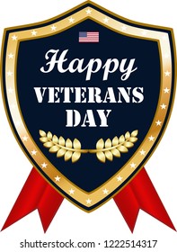 Happy Veterans Day, Honoring who served. Gold award shield icon. 