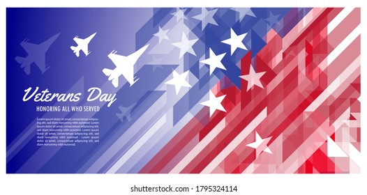 Happy veterans day. Jet fighters on the background of the US flag. Military planes with United States of America flag symbol. US national flag abstract geometric vector banner with triangular pattern.