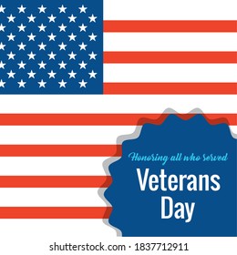 happy veterans day, lettering in badge and american flag vector illustration