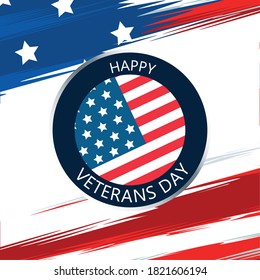 happy veterans day lettering in button with usa flag background vector illustration design