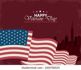 happy veterans day lettering postcard with flag