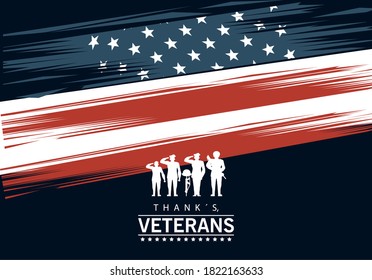 happy veterans day lettering in poster with silhouette soldiers and flag usa vector illustration design