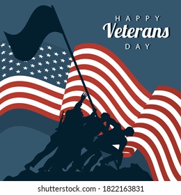 happy veterans day lettering in poster with soldier lifting flag in pole silhouettes vector illustration design