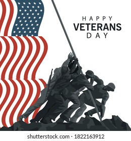 happy veterans day lettering in poster with soldier lifting flag in pole vector illustration design