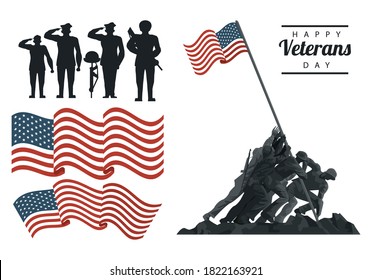 happy veterans day lettering in poster with soldiers with flag icons vector illustration design