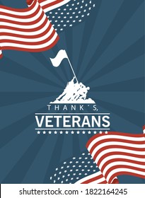 happy veterans day lettering in poster with soldier lifting flag in pole vector illustration design