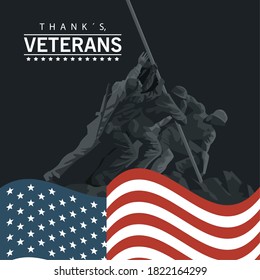 happy veterans day lettering in poster with soldier lifting flag in pole vector illustration design