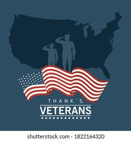 happy veterans day lettering in poster with officers military and map usa vector illustration design