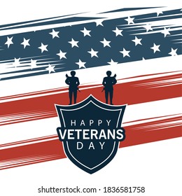 happy veterans day lettering in poster with shield and soldiers in usa flag background vector illustration design