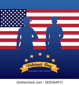 happy veterans day lettering with soldiers silhouettes in usa flag vector illustration design