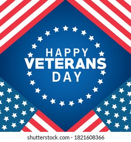 happy veterans day lettering with stars around and usa flag frame vector illustration design