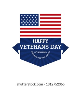 Happy Veterans Day lettering with USA flag illustration. November 11 holiday background. Celebration poster with stars and stripes. Greeting card in vector.