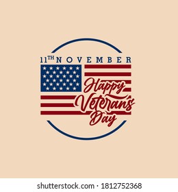 Happy Veterans Day lettering with USA flag illustration. November 11 holiday background. Celebration poster with stars and stripes. Greeting card in vector.