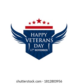 Happy Veterans Day lettering with USA flag illustration. November 11 holiday background. Celebration poster with stars and stripes. Greeting card in vector.