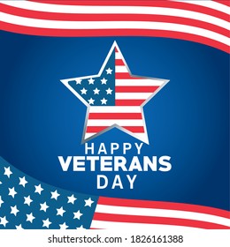 happy veterans day lettering with usa flag in star blue background vector illustration design