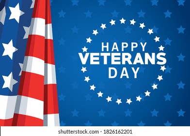 happy veterans day lettering with usa flag and stars seal vector illustration design