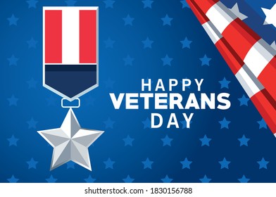 happy veterans day lettering with usa flag medal in blue background vector illustration design