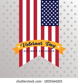 happy veterans day lettering with usa flag and golden ribbon frame vector illustration design