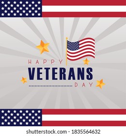 happy veterans day lettering with usa flag frame vector illustration design