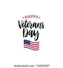 Happy Veterans Day lettering with USA flag illustration. November 11 holiday background. Celebration poster with stars and stripes. Greeting card in vector.