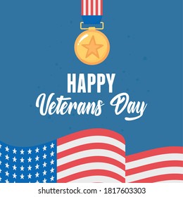 happy veterans day, medal award star flag american symbol, US military armed forces soldier vector illustration
