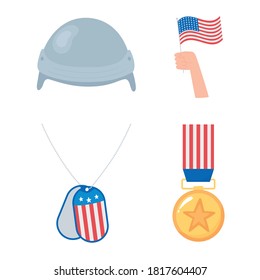 happy veterans day, medal hand with flag and helmet icons, US military armed forces soldier vector illustration