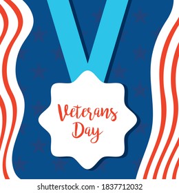 happy veterans day, medal with hand drawn text and american flag color background vector illustration