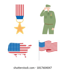 happy veterans day, medal soldier map and american flag icons vector illustration