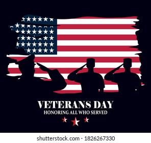 happy veterans day, militaries silhouette over flag grunge style vector illustration