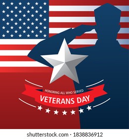 happy veterans day, military character star and american flag vector illustration