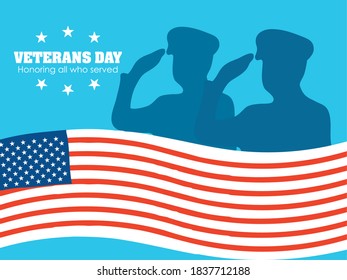 happy veterans day, military saluting american flag memorial vector illustration