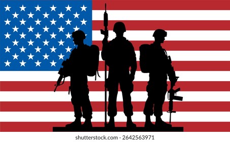 Feliz Dia dos Veteranos. 11 de novembro. Silhueta de soldado americano com bandeira, Veteranos Dia respeito vetor