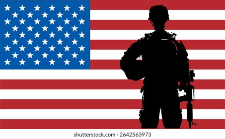 Happy Veterans Day. November 11.American soldier silhouette with flag, Veterans Day respect vector