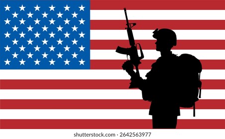 Happy Veterans Day. November 11.American soldier silhouette with flag, Veterans Day respect vector