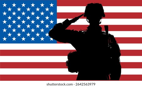 Feliz Dia dos Veteranos. 11 de novembro. Silhueta de soldado americano com bandeira, Veteranos Dia respeito vetor