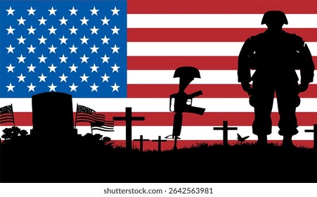 Happy Veterans Day. November 11.American soldier silhouette with flag, Veterans Day respect vector