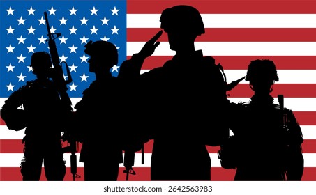 Happy Veterans Day. November 11.American soldier silhouette with flag, Veterans Day respect vector