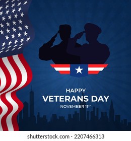 Happy Veterans Day November 11th with a US flag illustration on sunburst blue background design