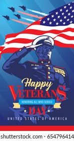 Happy Veterans Day. Poster. The soldier salutes in memory of victims