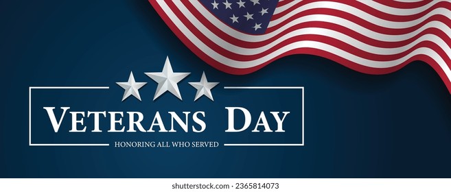 Happy Veterans Day realistic waving American flag November 11 vector poster