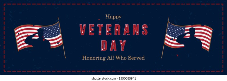 Happy Veterans Day. Retro greeting card with USA flag and silhouette of a soldier on the background. National American holiday event. Flat vector illustration EPS10